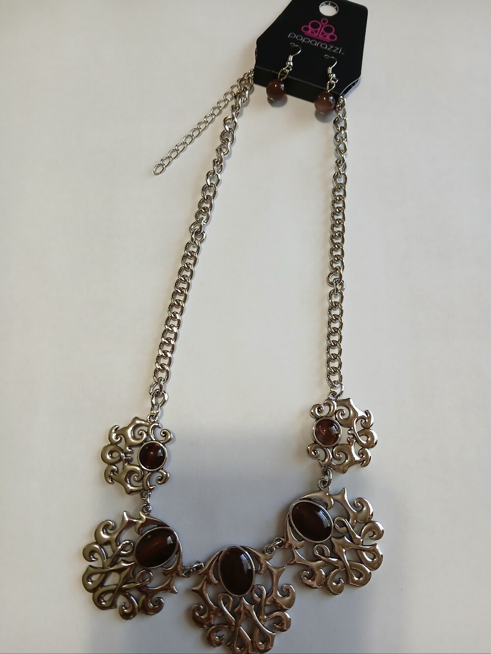 Paparazzi Silver-Tone Filigree Necklace and Earrings with Brown Stones